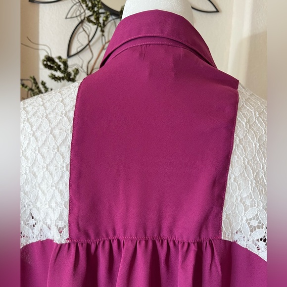 Roper Womens Wine Button Down Long Sleeve Blouse with White Lace Insets XL EUC - Picture 4 of 8